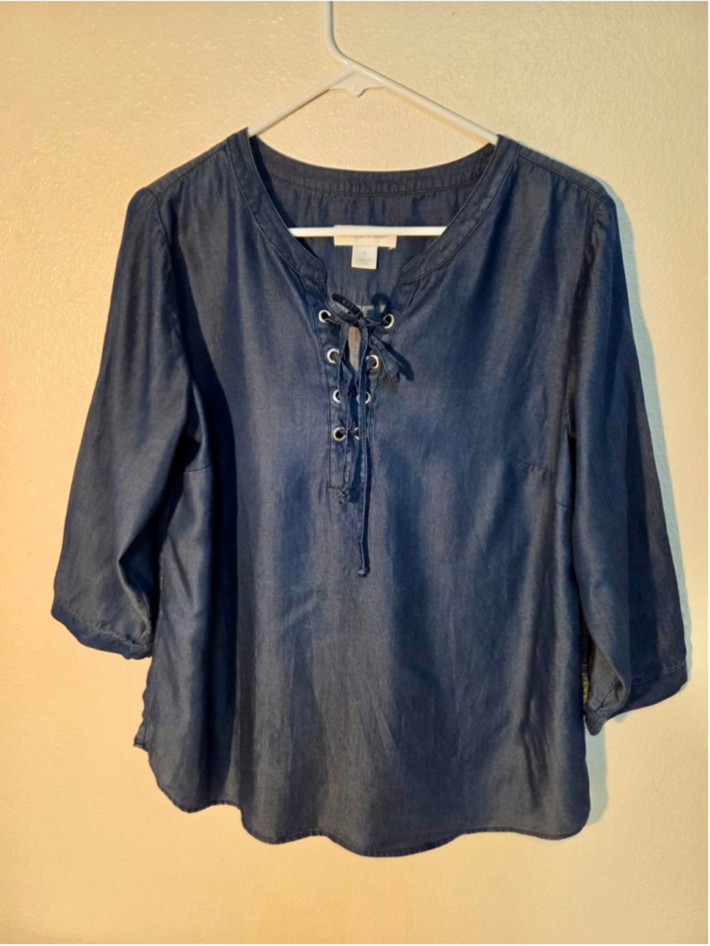 Christopher & Banks Women’s Lyocell Chambray Lace-Up Blouse Dark Denim Medium W-